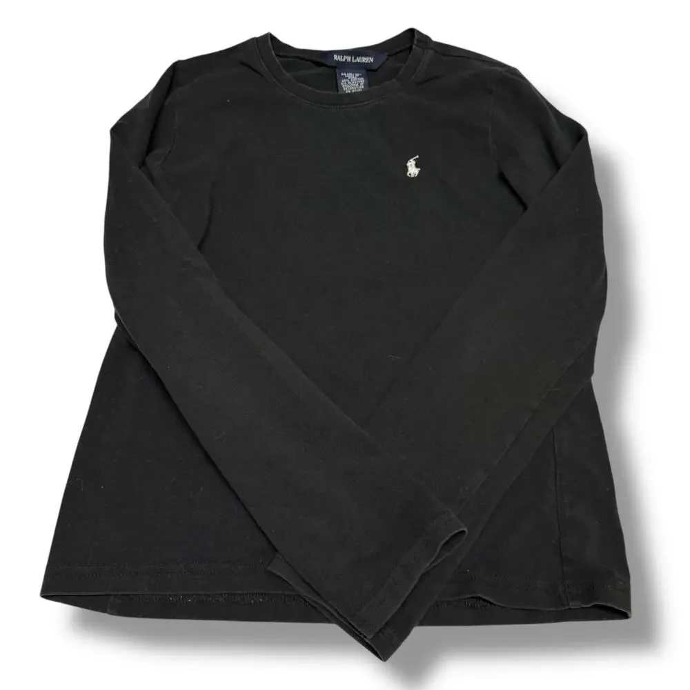 Ralph Lauren Girls Black Long Sleeve Knit Top Size M 8 10 White Pony Stretch‎
